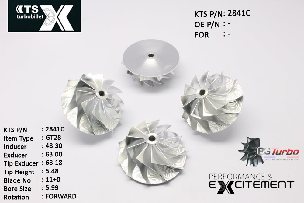 Turbo ROUE FORGÉE MFS PERFORMANCE - 11+0 PALES - INDUCER : 48,3 - EXDUCER : 63 - TYPE : GT28ANGLE : 60° - ROTATION : Forward - SUPER BACK : 2,32 - BORE SIZE : 5,99
